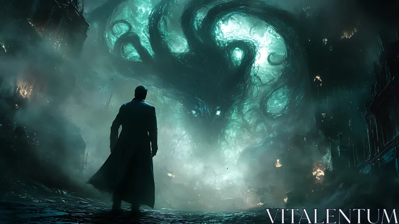 Lone figure confronts colossal eldritch vortex in ruined cityscape