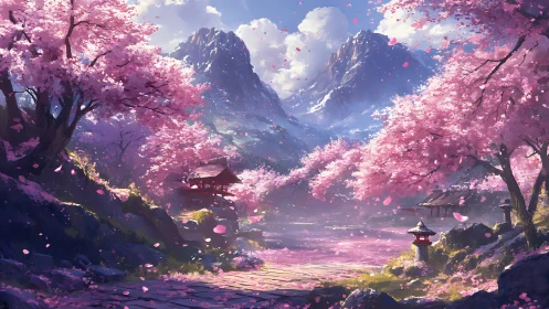 Cherry blossom valley with temples and distant mountains.