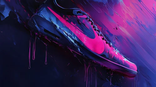 Neon athletic sneaker dissolves into abstract cyberpunk paint