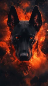 Fiery black hound emerges through blazing inferno haze