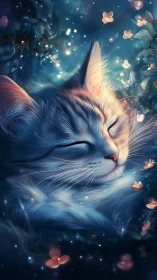 Luminescent Cat with Ethereal Floral Elements and Bokeh.