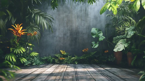 Tropical courtyard interface with weathered wall and planked deck.