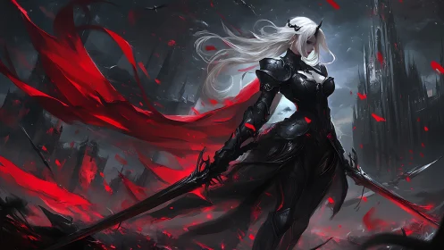 Dark armored valkyrie with crimson banners in storm ruins.