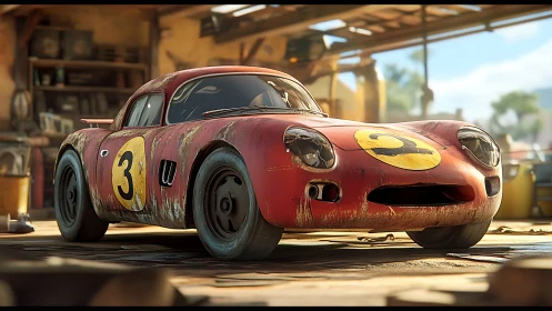 Weathered red race car rendered in sunlit rustic garage.
