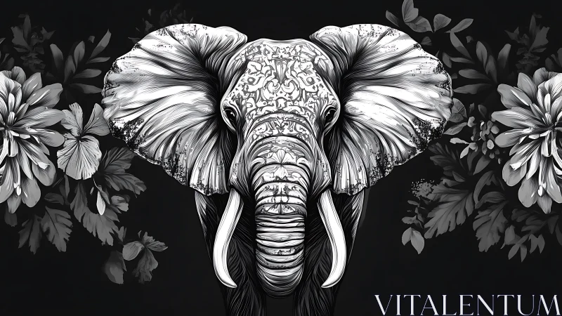 Elephant portrait merges florals and ornate monochrome patterns.
