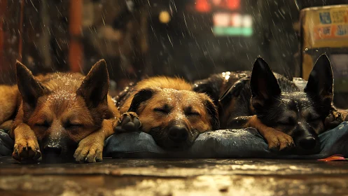 Three German Shepherds Sheltering Together in Urban Rain