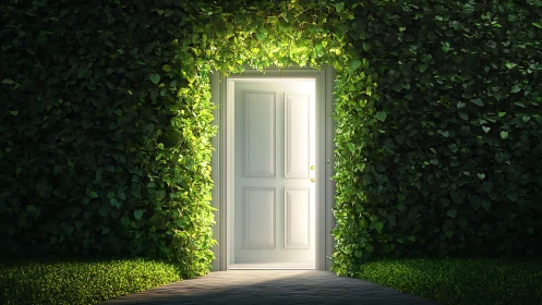 Inviting white door glowing softly in a lush green hedge.