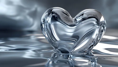 Crystal heart sculpture on reflective liquid surface, modern style.