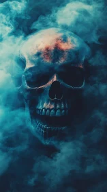 Smoke-drenched skull grins through cyan mist and ember light