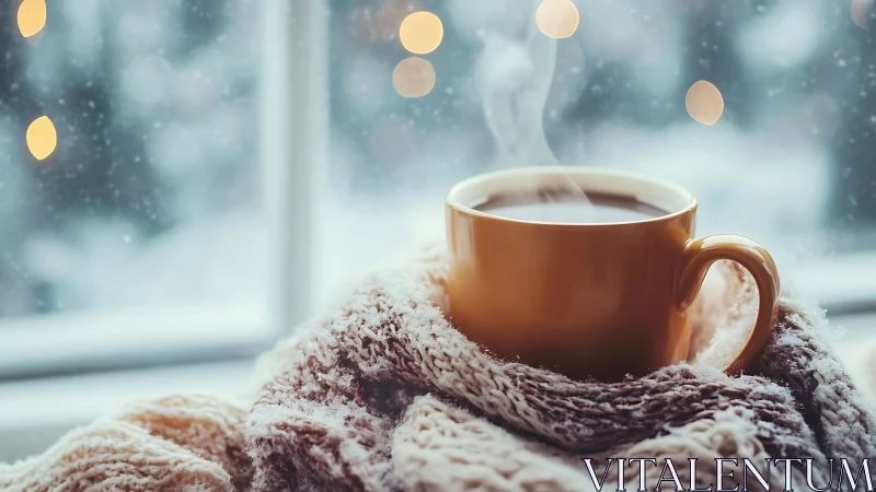 Winter window coffee cradled in a knitted hush of warmth.