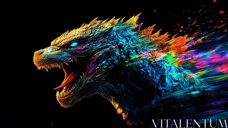 Neon kaiju roars through exploding rainbow energy trails