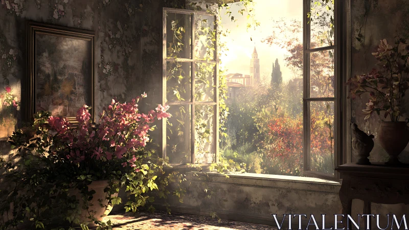 Digital painting of sunlit floral interior with garden view.