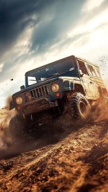 Off-road utility vehicle driving through wet dirt terrain.