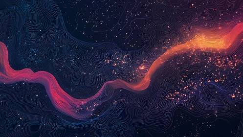 Neon particle stream across topographic waveform field.