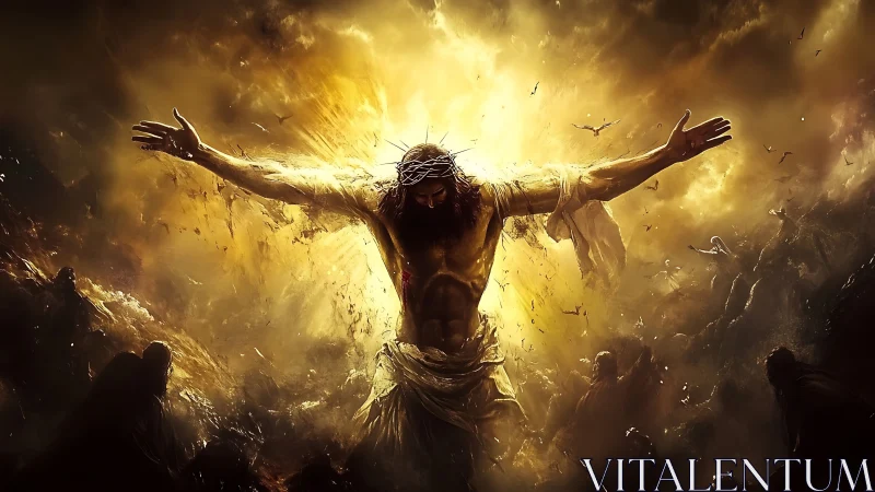 Radiant central figure with outstretched arms in golden cloud.