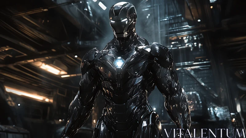 Chrome-clad sentinel breathes cold light into a steel hive