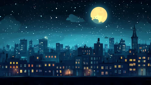 Moonlit city skyline glowing with cozy evening windows.