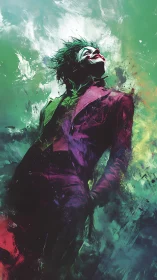 Expressionist clown figure dissolves into turbulent chromatic smoke