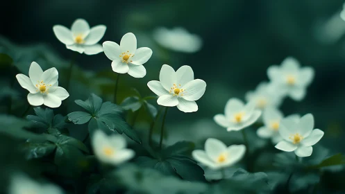 Delicate White Anemone Flowers with Yellow Stamens Against Deep Teal Foliage.