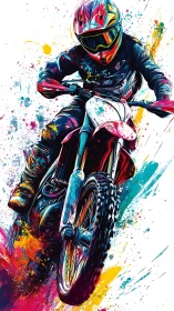 Motorcyclist rides off-road bike through abstract color field