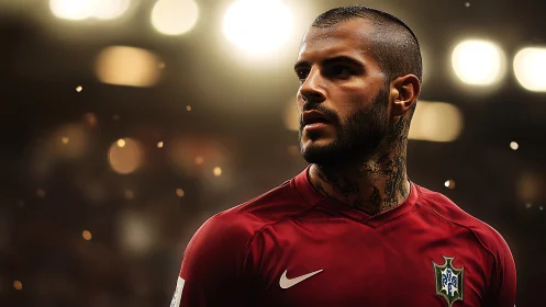 Tattooed footballer studies pitch under dramatic stadium lights.