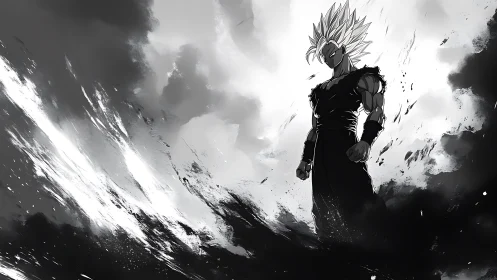 Monochrome anime warrior in storm of abstract energy.