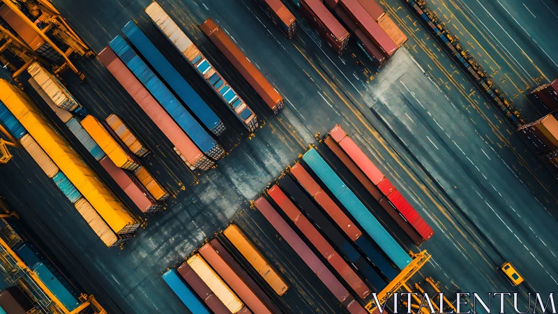 Container stacks and cranes align along port terminal lanes