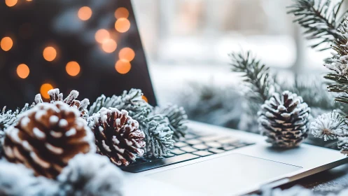 Snow covered pinecones and laptop with warm bokeh lights.
