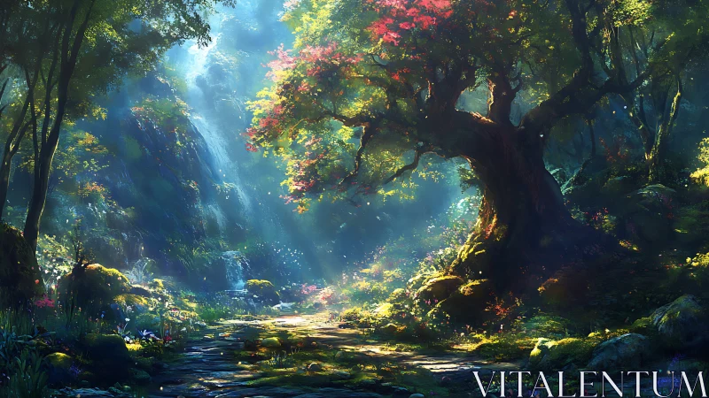 Luminous Grove: Where Ancient Trees Cradle Celestial Light.