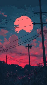 Neon dusk sky glows behind silhouetted power lines and homes.