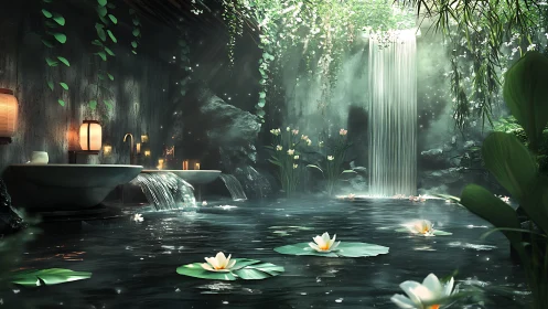 Indoor stone spa pool with waterfall and water lilies.