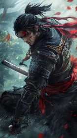 Storm-eyed samurai pauses mid-slash as red banners howl