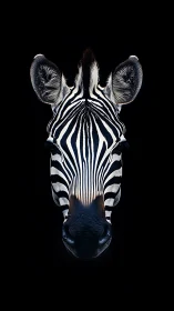 Zebra head captured frontally against deep black background