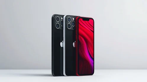 Three iPhone models displayed with variant finishes and camera systems