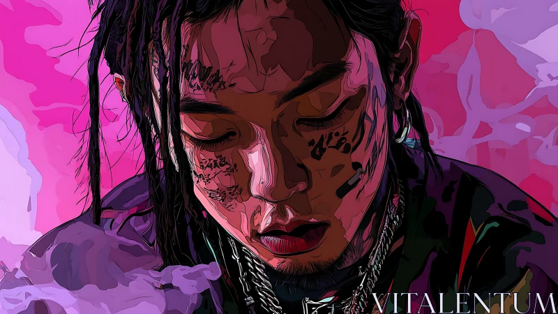 Digital portrait depicts downward gaze with stylized gradients