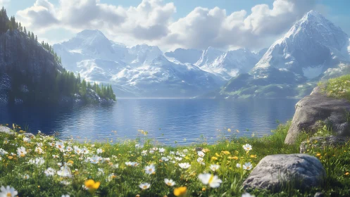 Sunlit alpine lake rests beneath towering snowy peaks