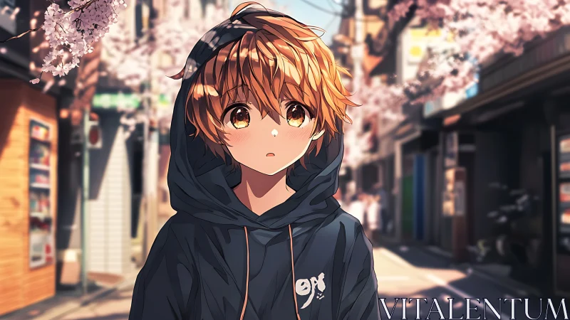 Orange haired anime teen stands in sunlit street under blossoms