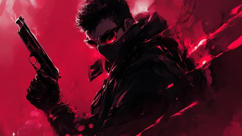 Crimson echoes swirl as the masked gunman claims the frame