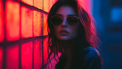 Woman in sunglasses by neon lit wall at night street scene.