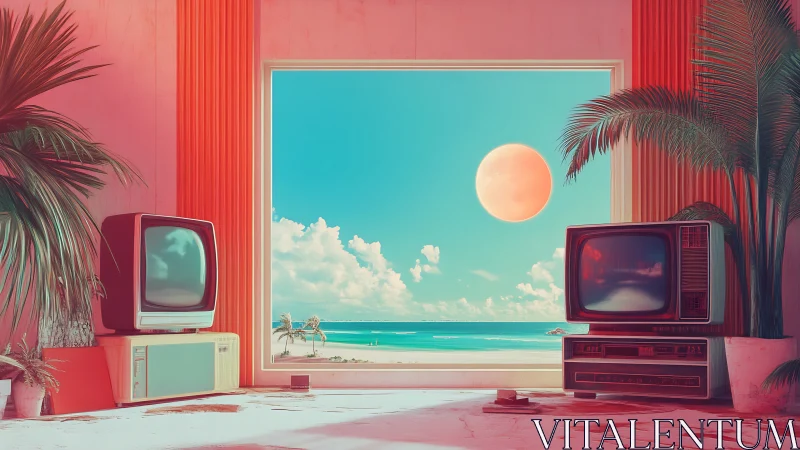 Retro televisions facing tropical seascape window scene.