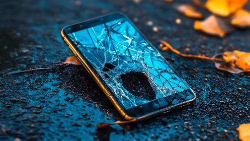 Shattered smartphone display on wet asphalt surface at dusk.