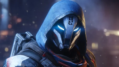 Armored sci fi warrior with glowing eyes in blue hood.