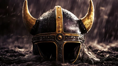 Viking horned helmet glows under stormlit battlefield rain