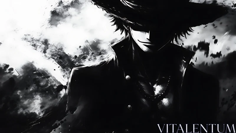 Shadowed swordsman in monochrome ink splatter silhouette.