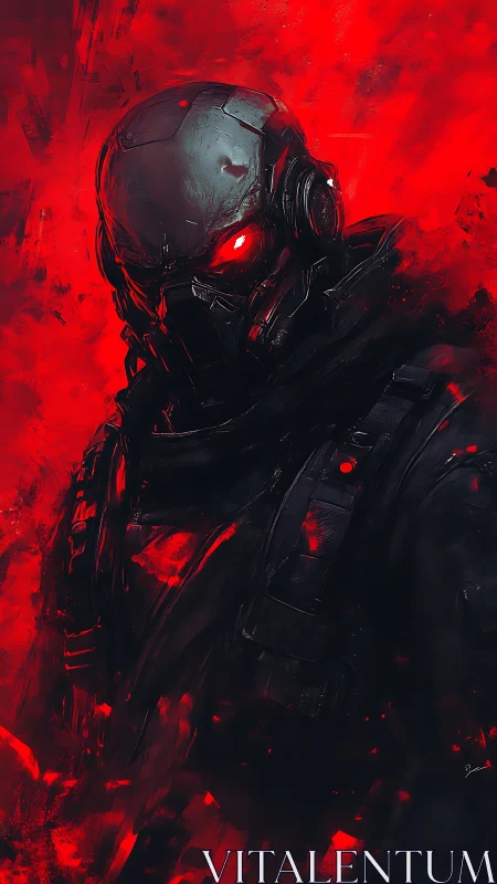 Armored futuristic soldier with glowing red cybernetic eyes.