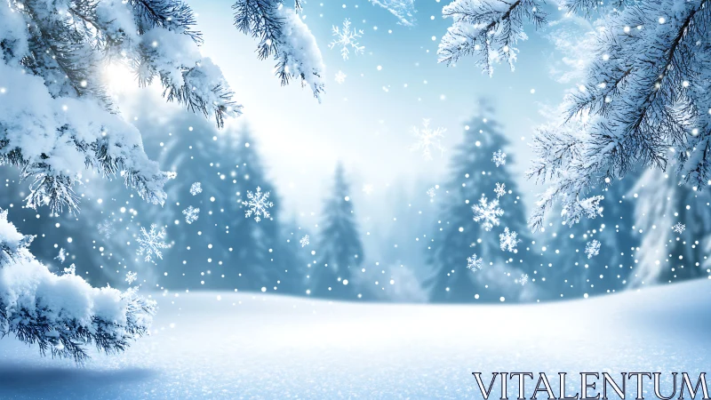 Snowy forest hush with twinkling winter snowflakes.