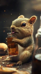 Tiny tavern bandit squirrel savoring a stolen honey brew.