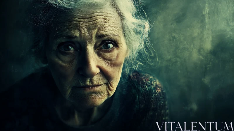 Photorealistic elderly portrait in moody chiaroscuro lighting.