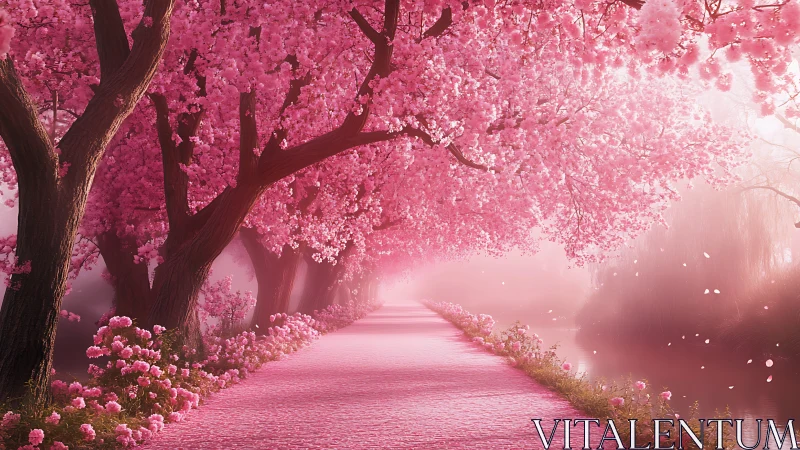 Blossom-heavy trees tunnel a rosy path into dreamy spring mist