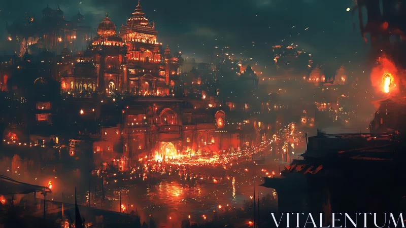 Nighttime riverside cityscape with illuminated temples.